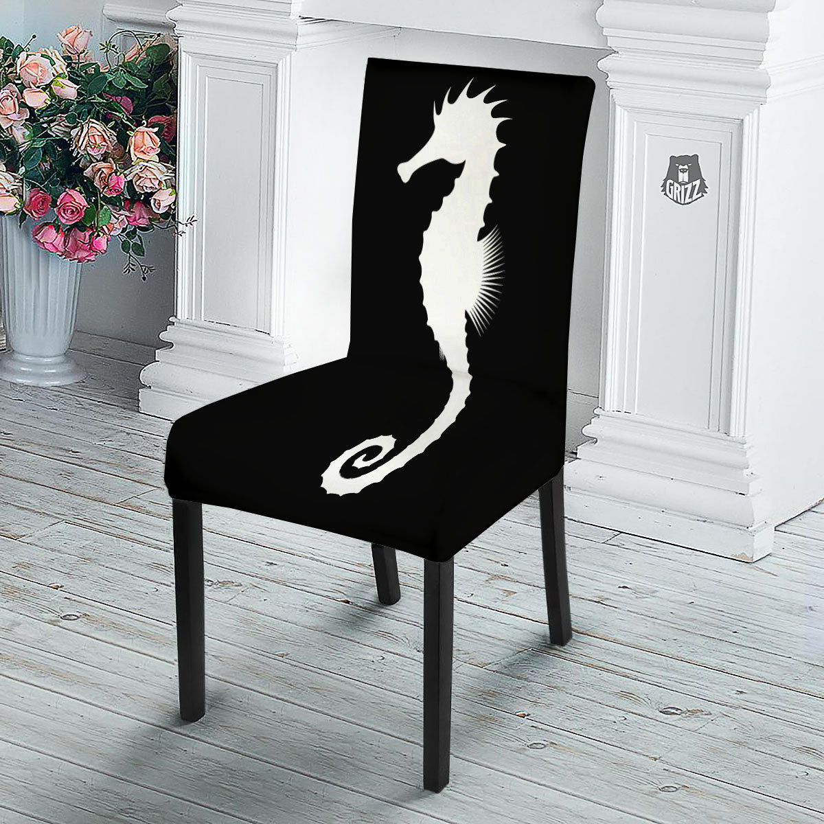 Seahorse White And Black Print Dining Chair Slipcover-grizzshop
