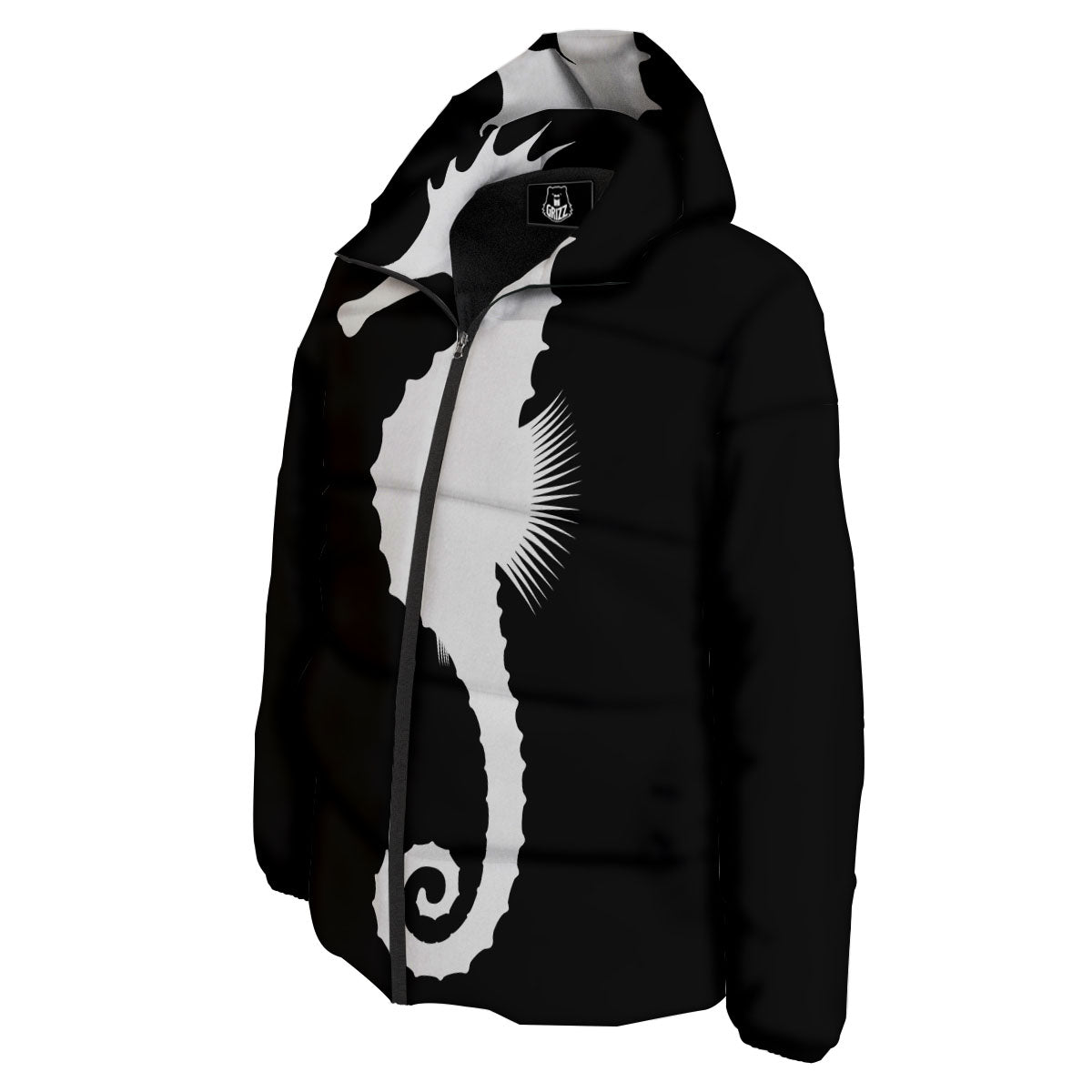 Seahorse White And Black Print Down Jacket-grizzshop