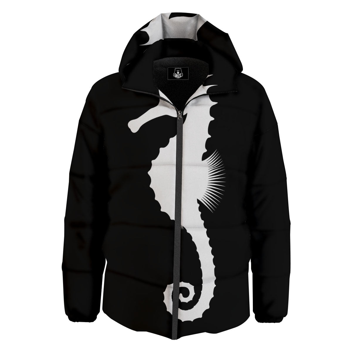 Seahorse White And Black Print Down Jacket-grizzshop