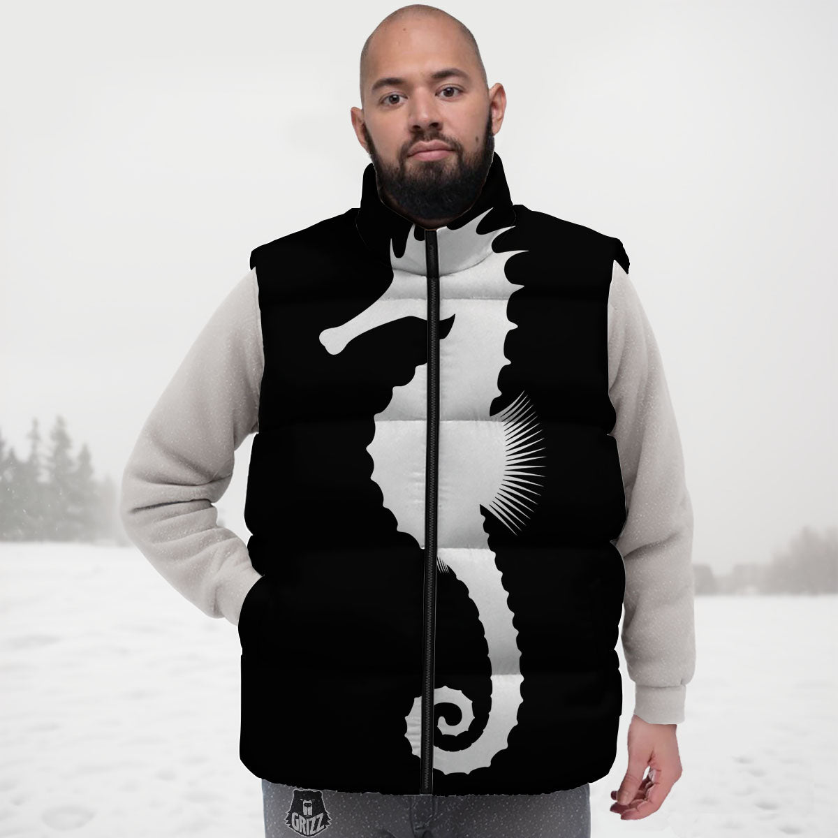Seahorse White And Black Print Down Vest