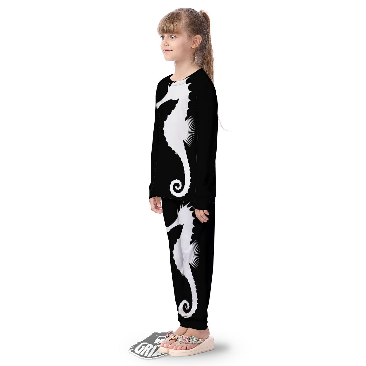 Seahorse White And Black Print Kid's Pajamas-grizzshop
