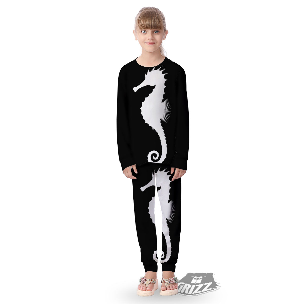 Seahorse White And Black Print Kid's Pajamas-grizzshop