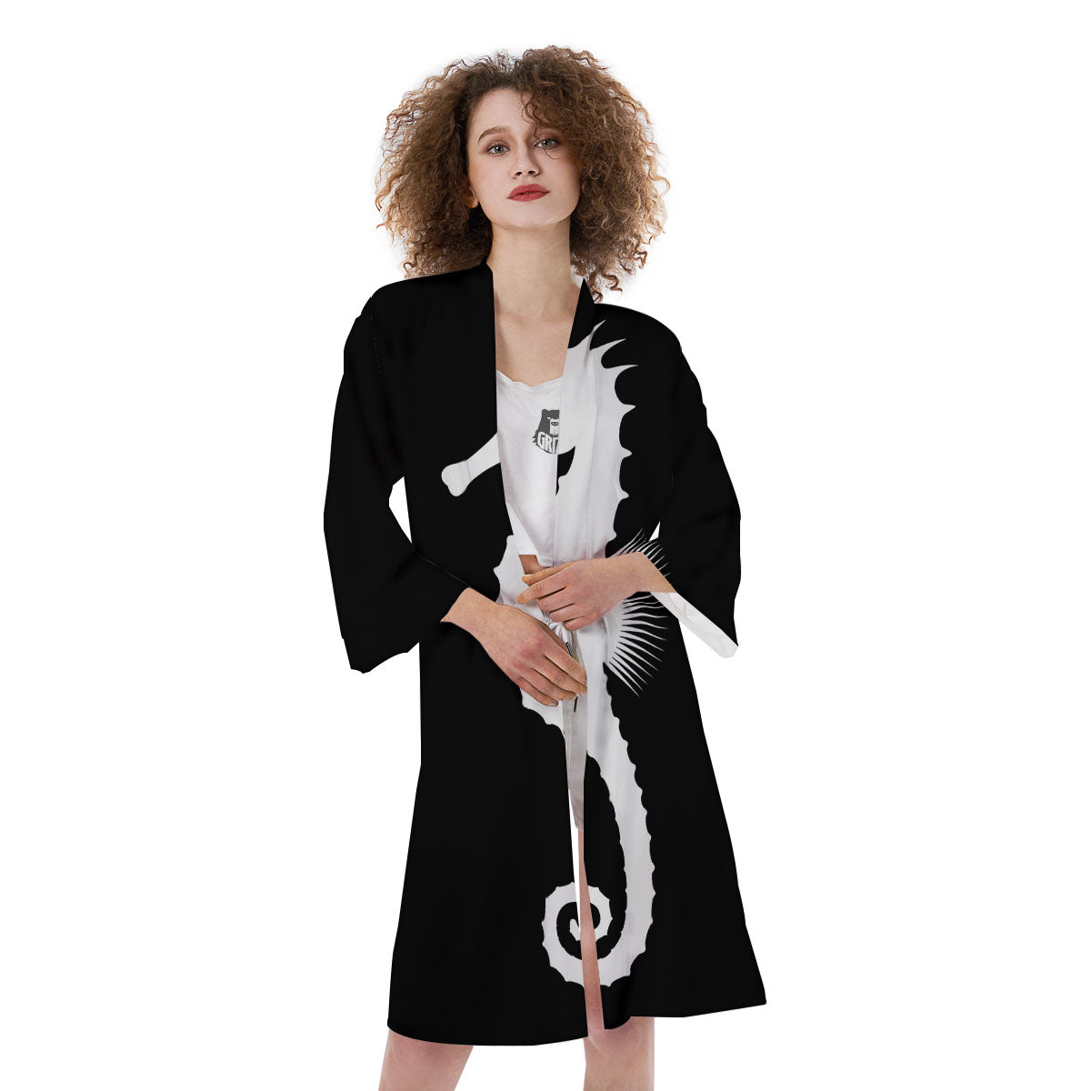 Seahorse White And Black Print Kimono-grizzshop