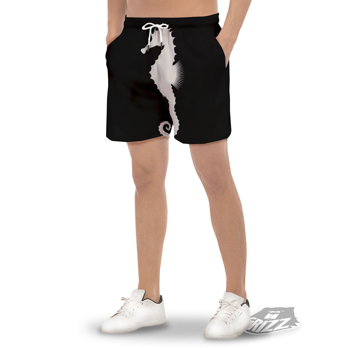 Seahorse White And Black Print Men's Gym Shorts-grizzshop