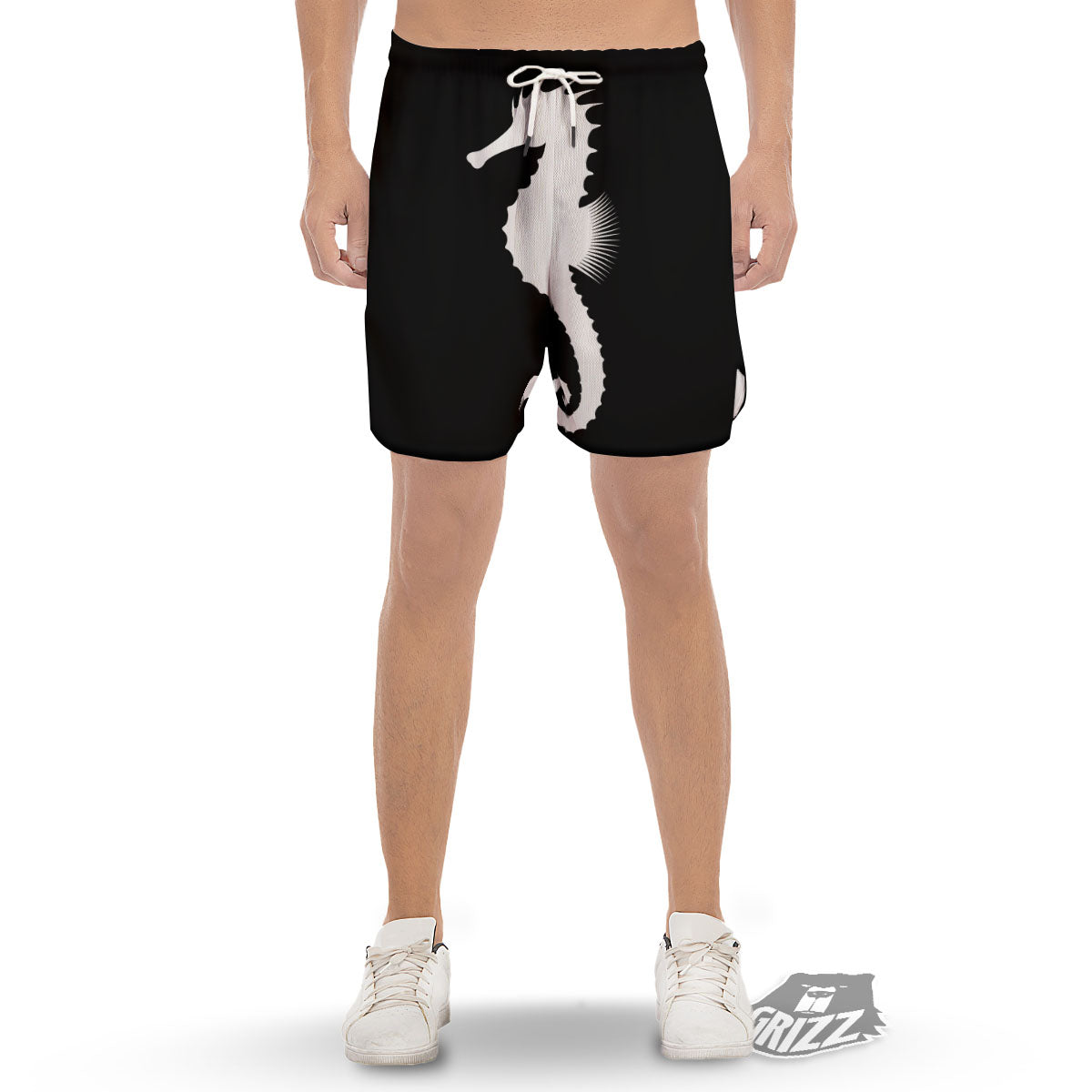 Seahorse White And Black Print Men's Gym Shorts-grizzshop