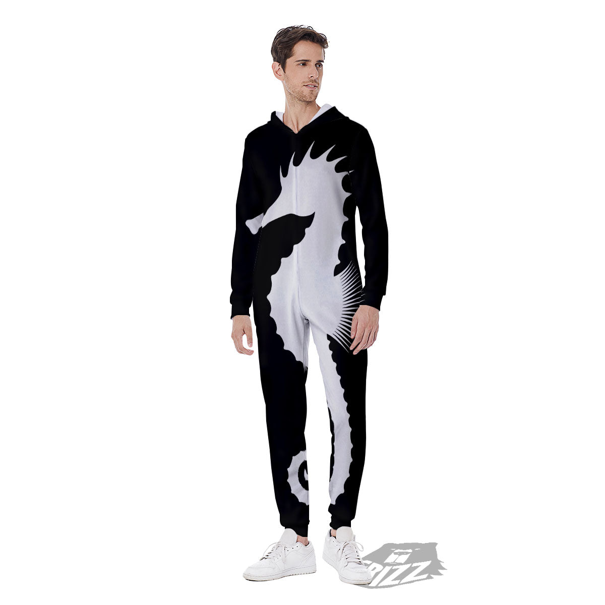 Seahorse White And Black Print Men's Jumpsuit-grizzshop