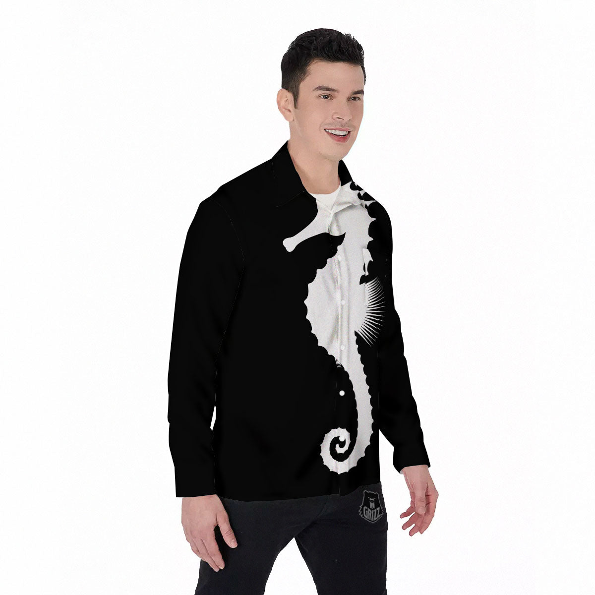 Seahorse White And Black Print Men's Long Sleeve Shirts-grizzshop