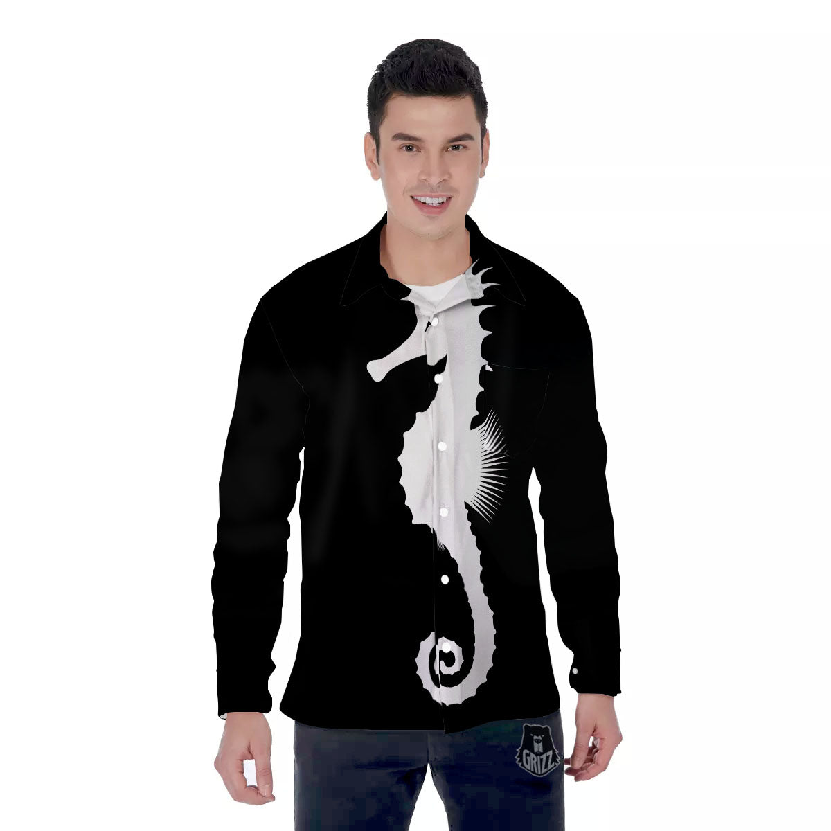Seahorse White And Black Print Men's Long Sleeve Shirts-grizzshop