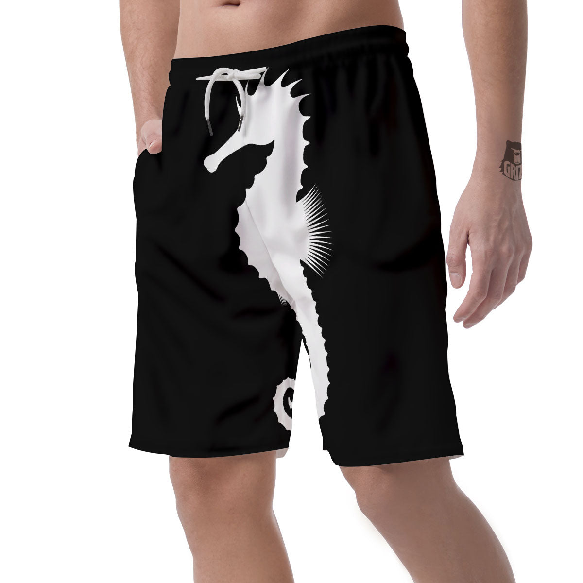 Seahorse White And Black Print Men's Shorts-grizzshop