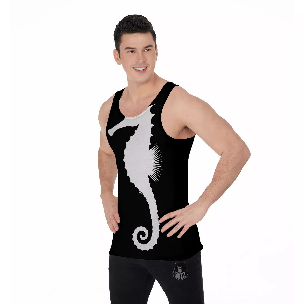 Seahorse White And Black Print Men's Tank Top-grizzshop