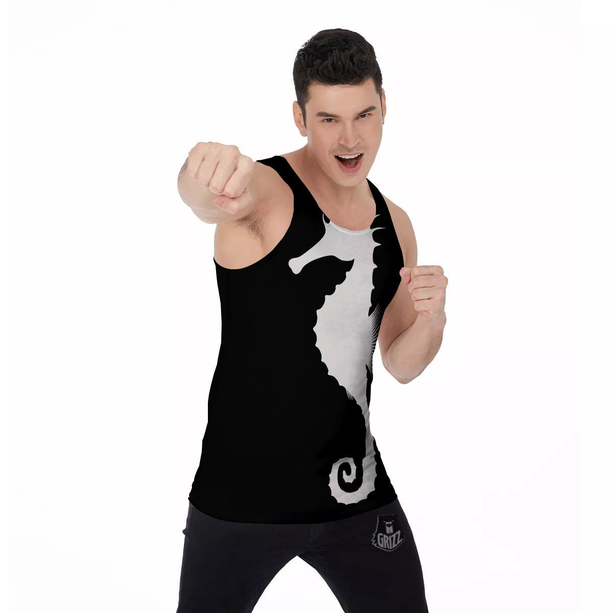 Seahorse White And Black Print Men's Tank Top-grizzshop
