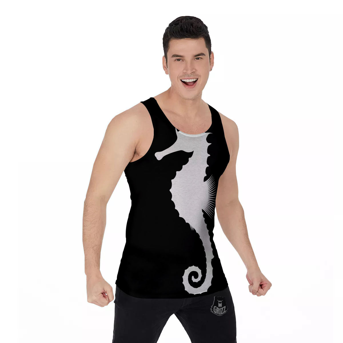 Seahorse White And Black Print Men's Tank Top-grizzshop