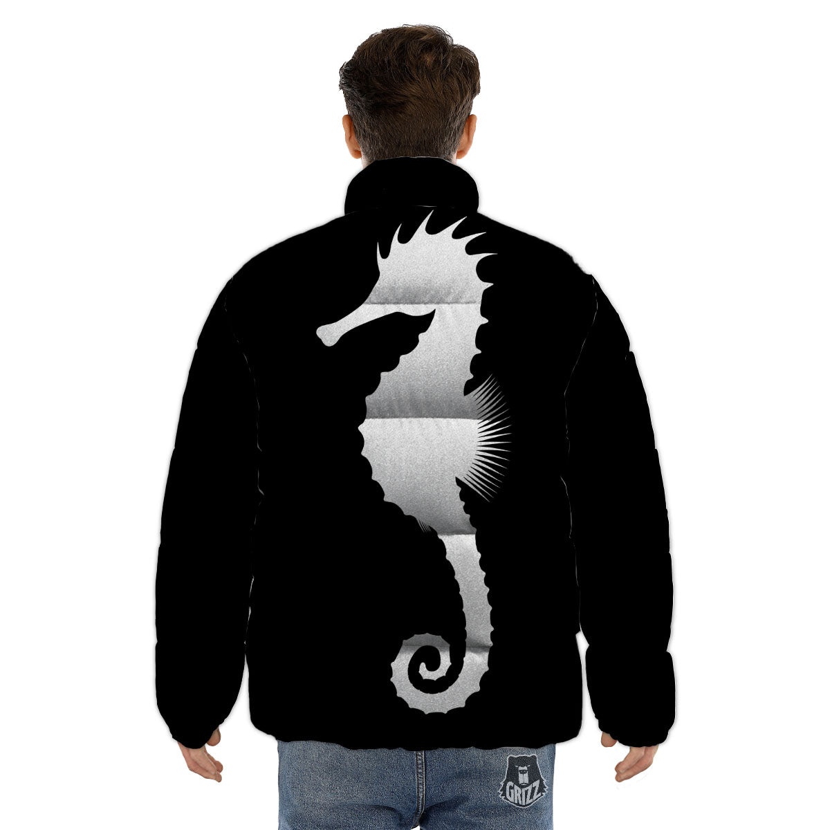 Seahorse White And Black Print Puffer Jacket-grizzshop