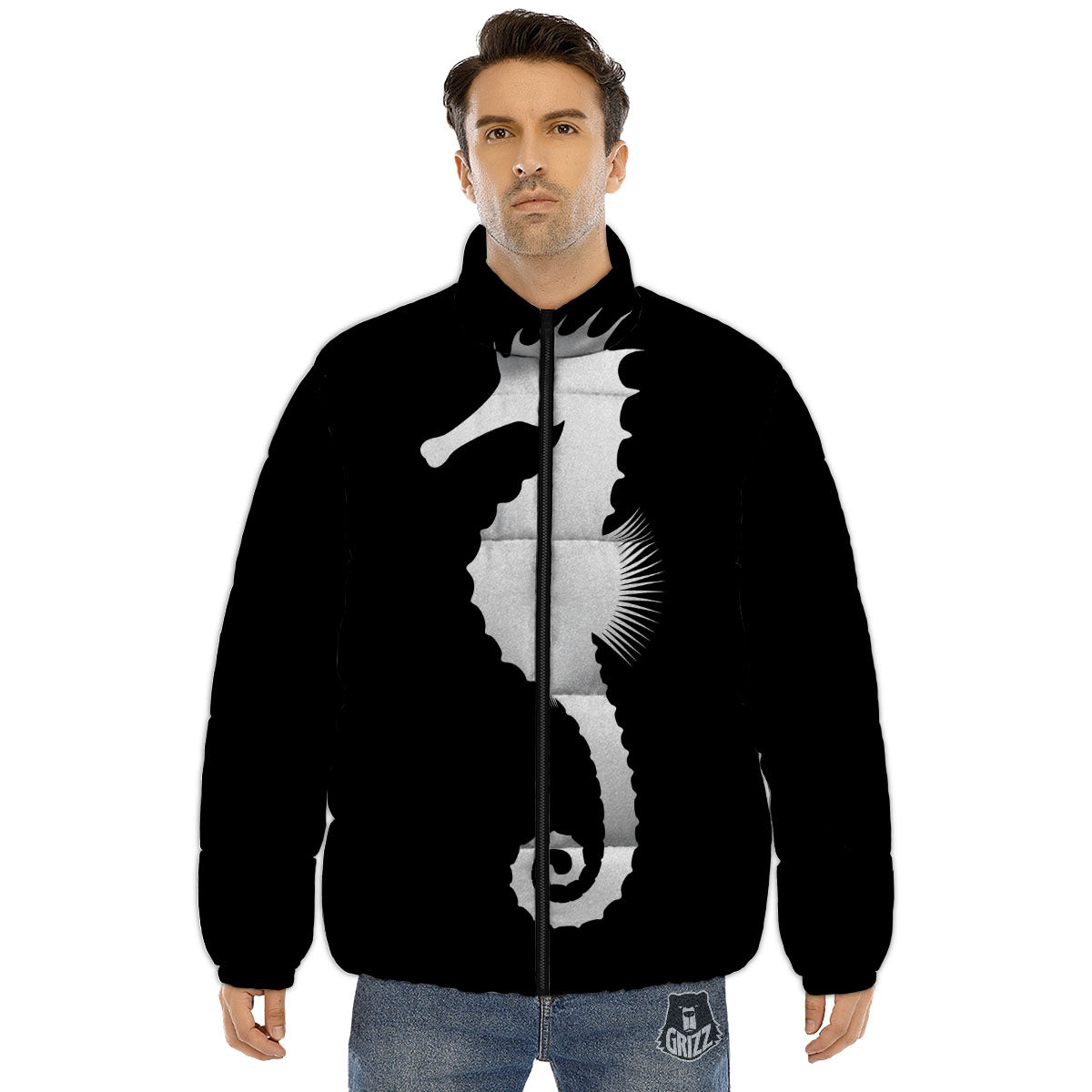 Seahorse White And Black Print Puffer Jacket-grizzshop
