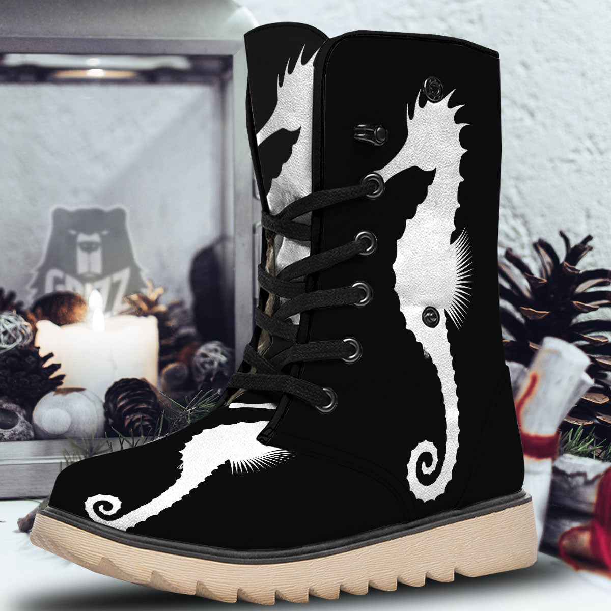 Seahorse White And Black Print Snow Boots-grizzshop