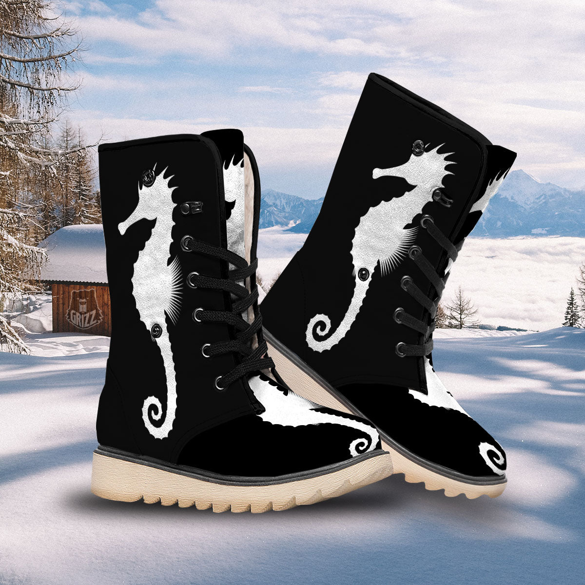Seahorse White And Black Print Snow Boots-grizzshop