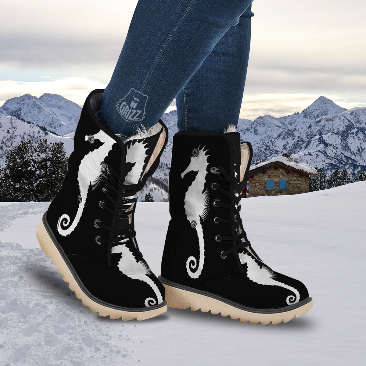 Seahorse White And Black Print Snow Boots-grizzshop