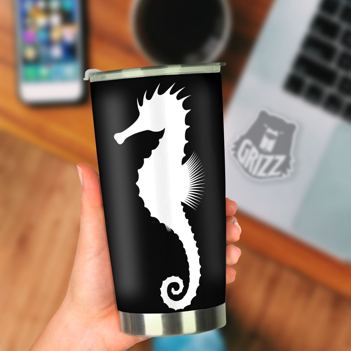 Seahorse White And Black Print Tumbler-grizzshop