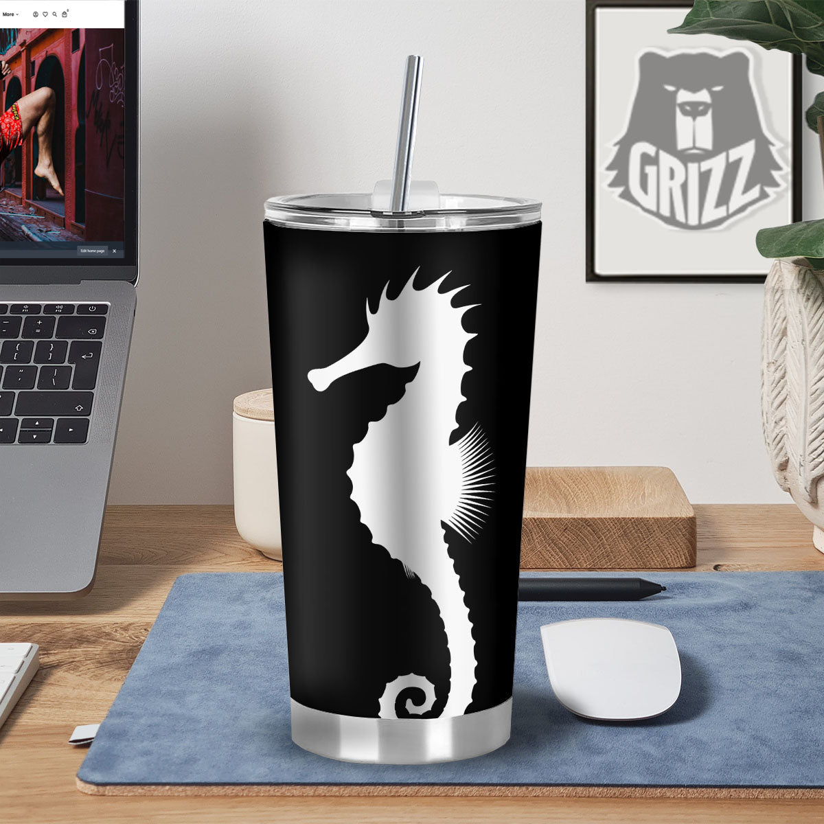 Seahorse White And Black Print Tumbler-grizzshop