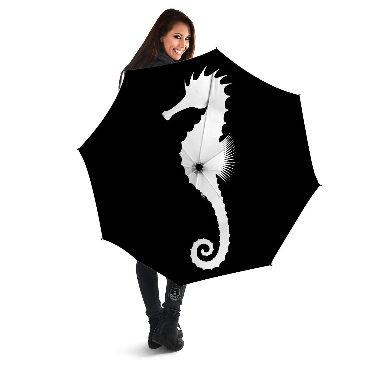 Seahorse White And Black Print Umbrella-grizzshop