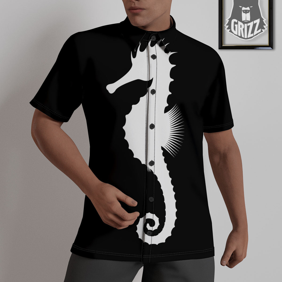 Seahorse White And Black Print Untucked Shirts-grizzshop