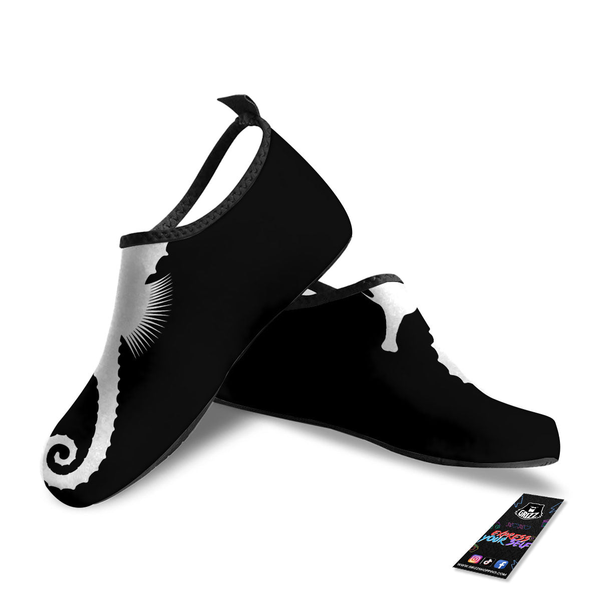 Seahorse White And Black Print Water Shoes-grizzshop