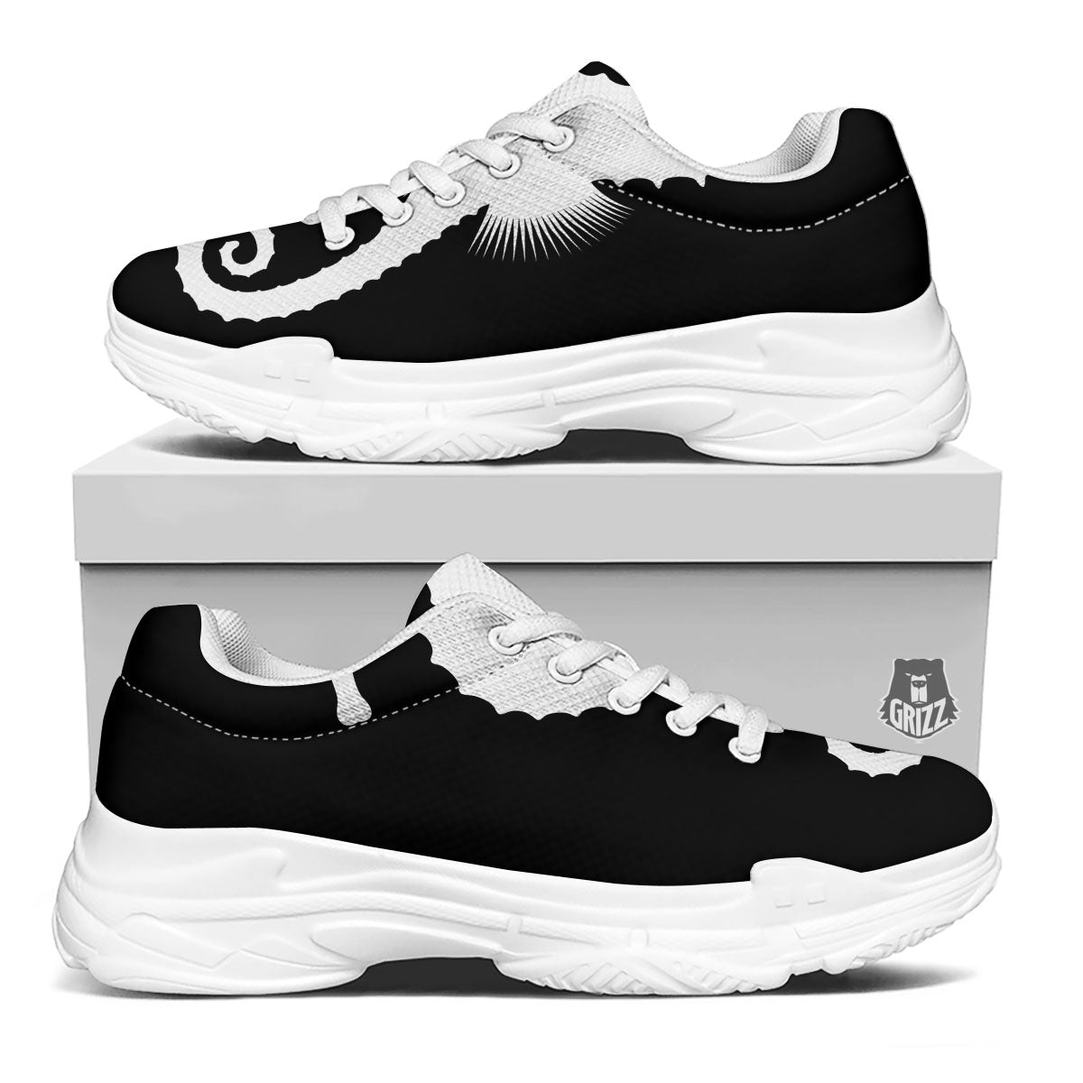 Seahorse White And Black Print White Chunky Shoes-grizzshop