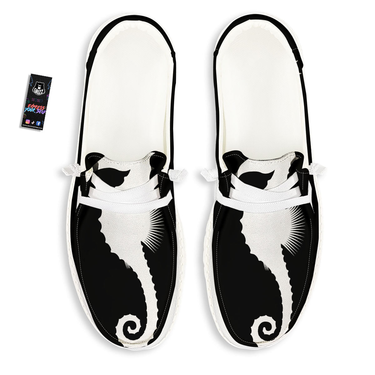 Seahorse White And Black Print White Loafers-grizzshop
