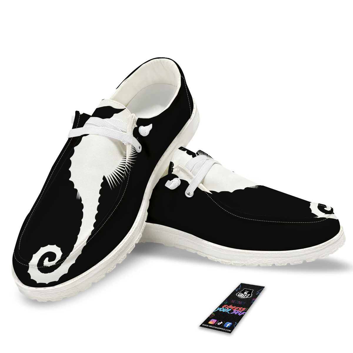 Seahorse White And Black Print White Loafers-grizzshop
