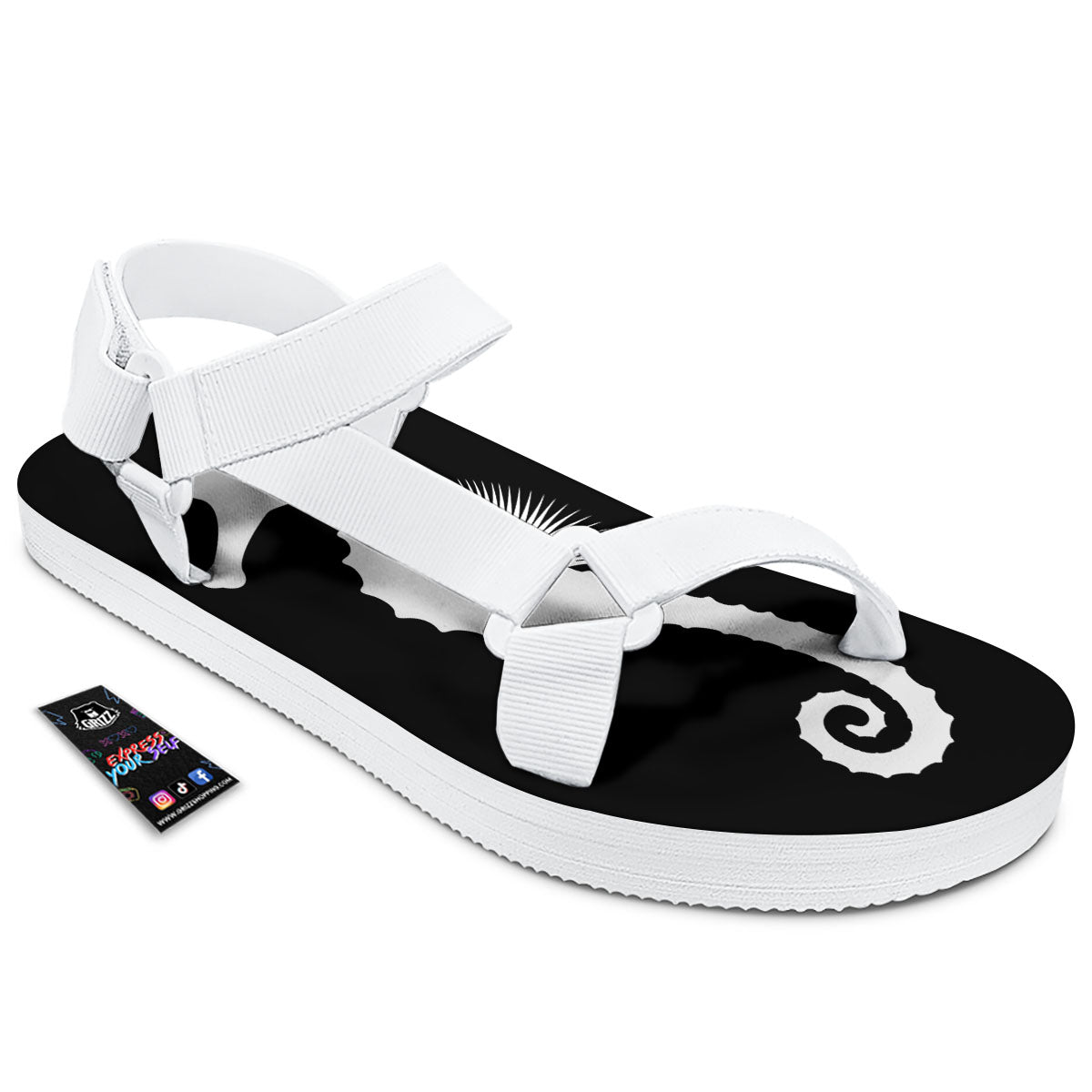 Seahorse White And Black Print White Open Toe Sandals-grizzshop