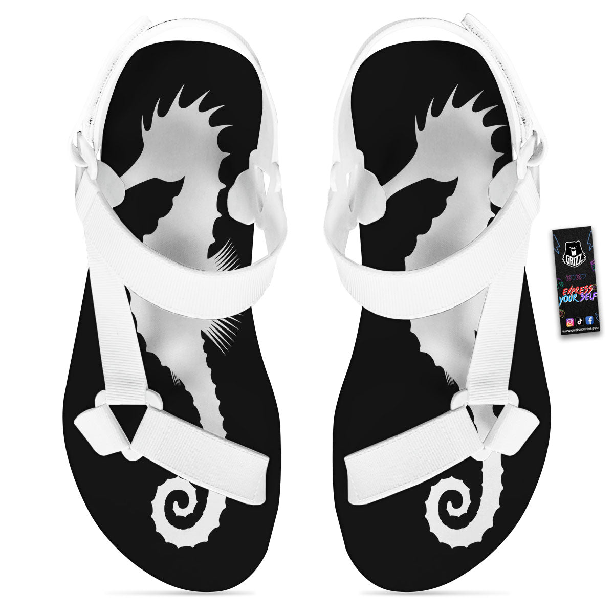 Seahorse White And Black Print White Open Toe Sandals-grizzshop