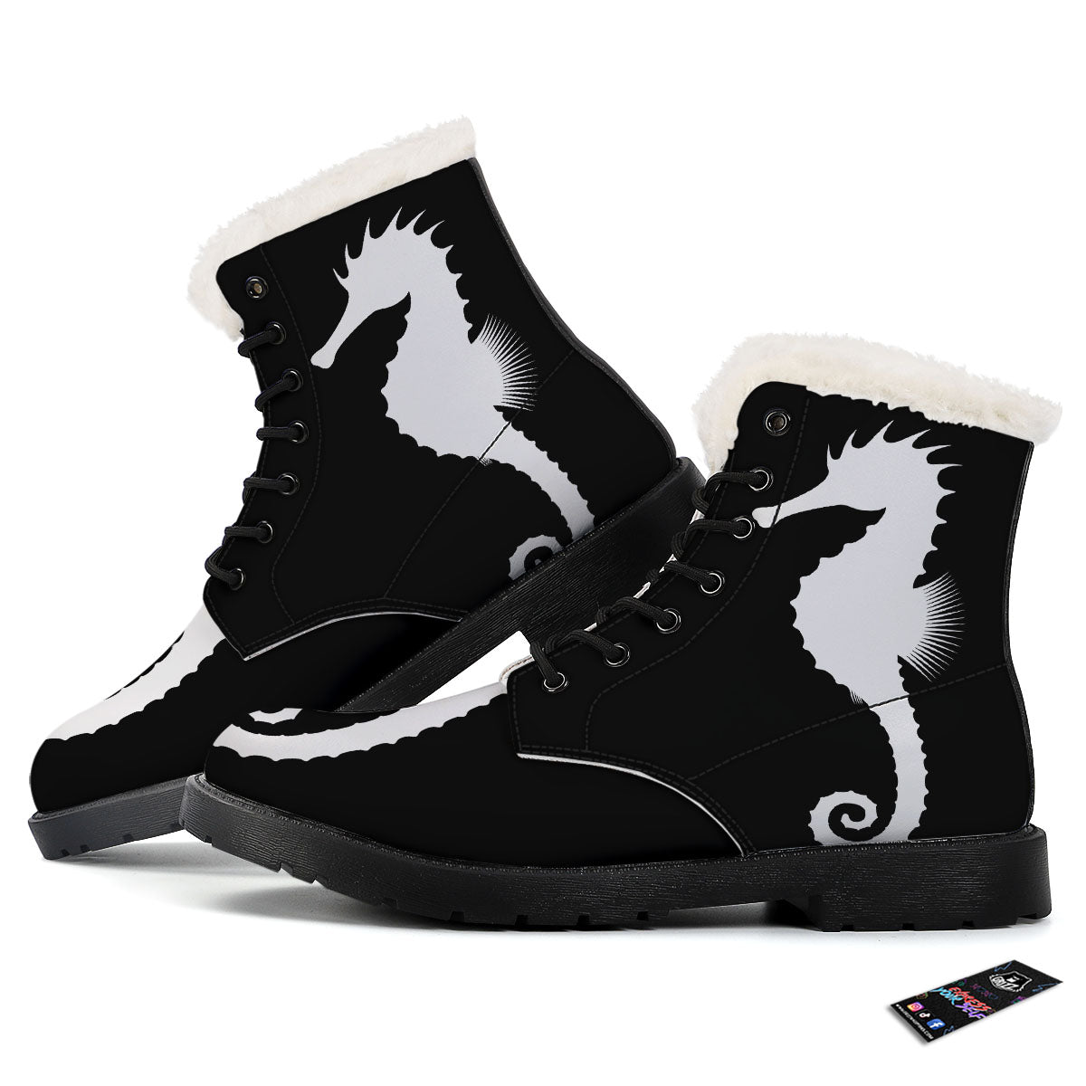 Seahorse White And Black Print Winter Boots-grizzshop