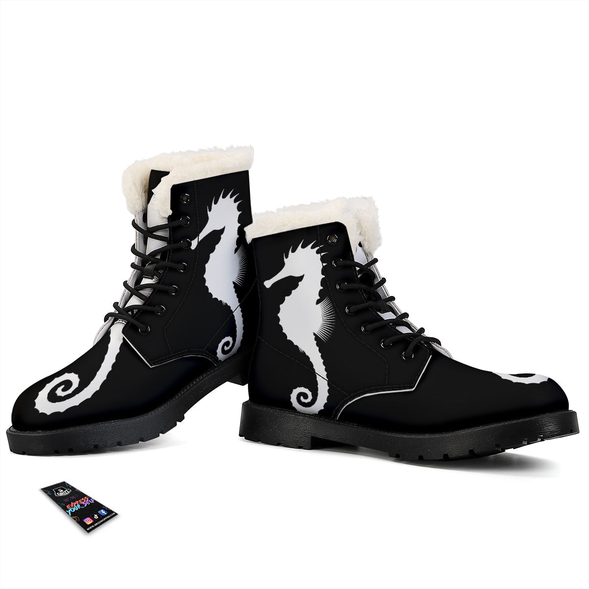 Seahorse White And Black Print Winter Boots-grizzshop