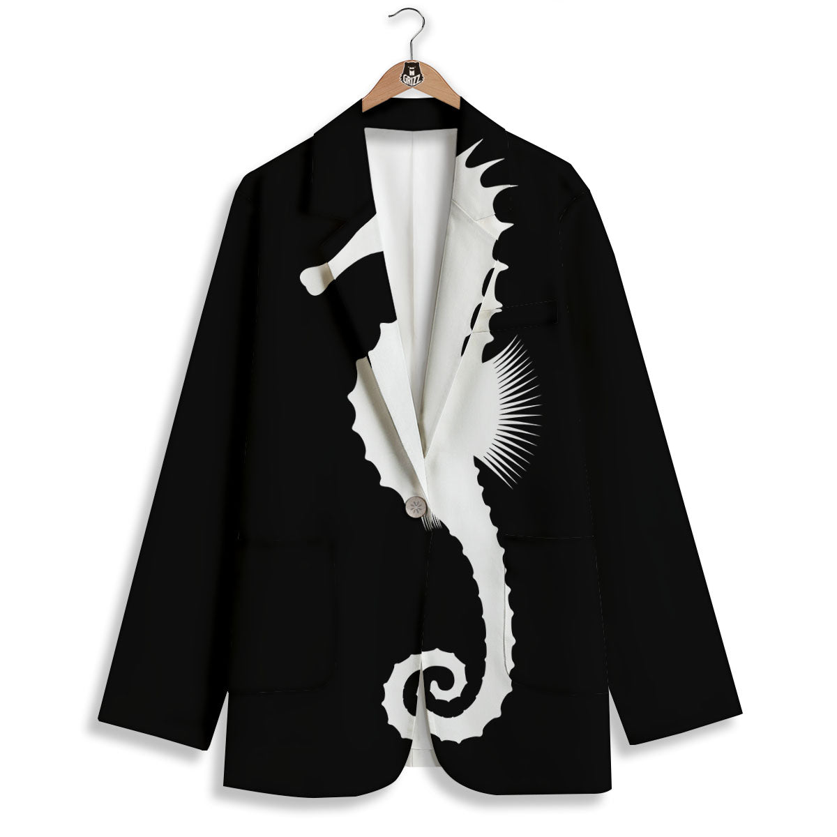 Seahorse White And Black Print Women's Blazer-grizzshop