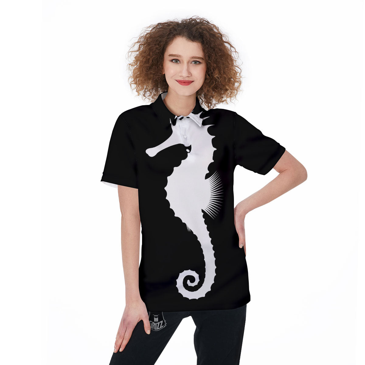 Seahorse White And Black Print Women's Golf Shirts-grizzshop