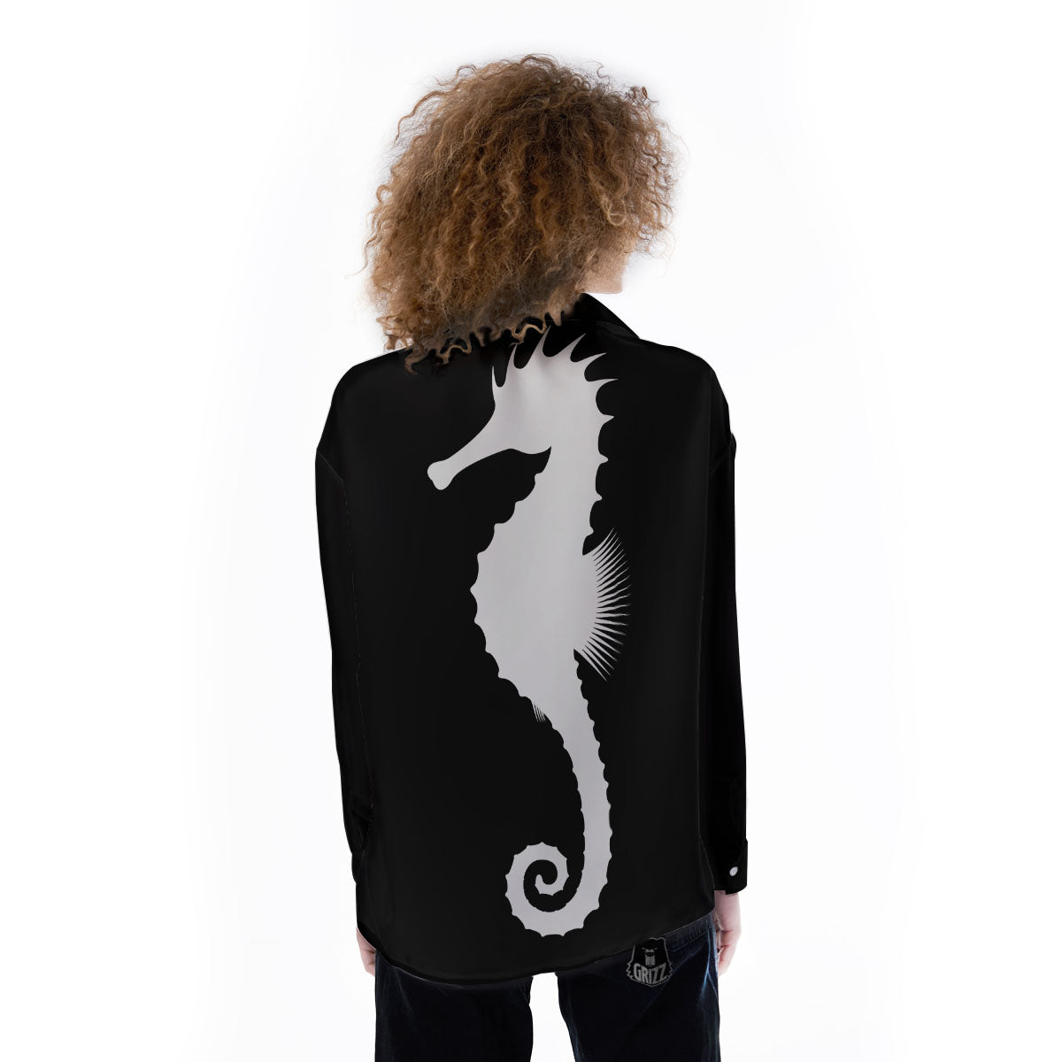 Seahorse White And Black Print Women's Long Sleeve Shirts-grizzshop