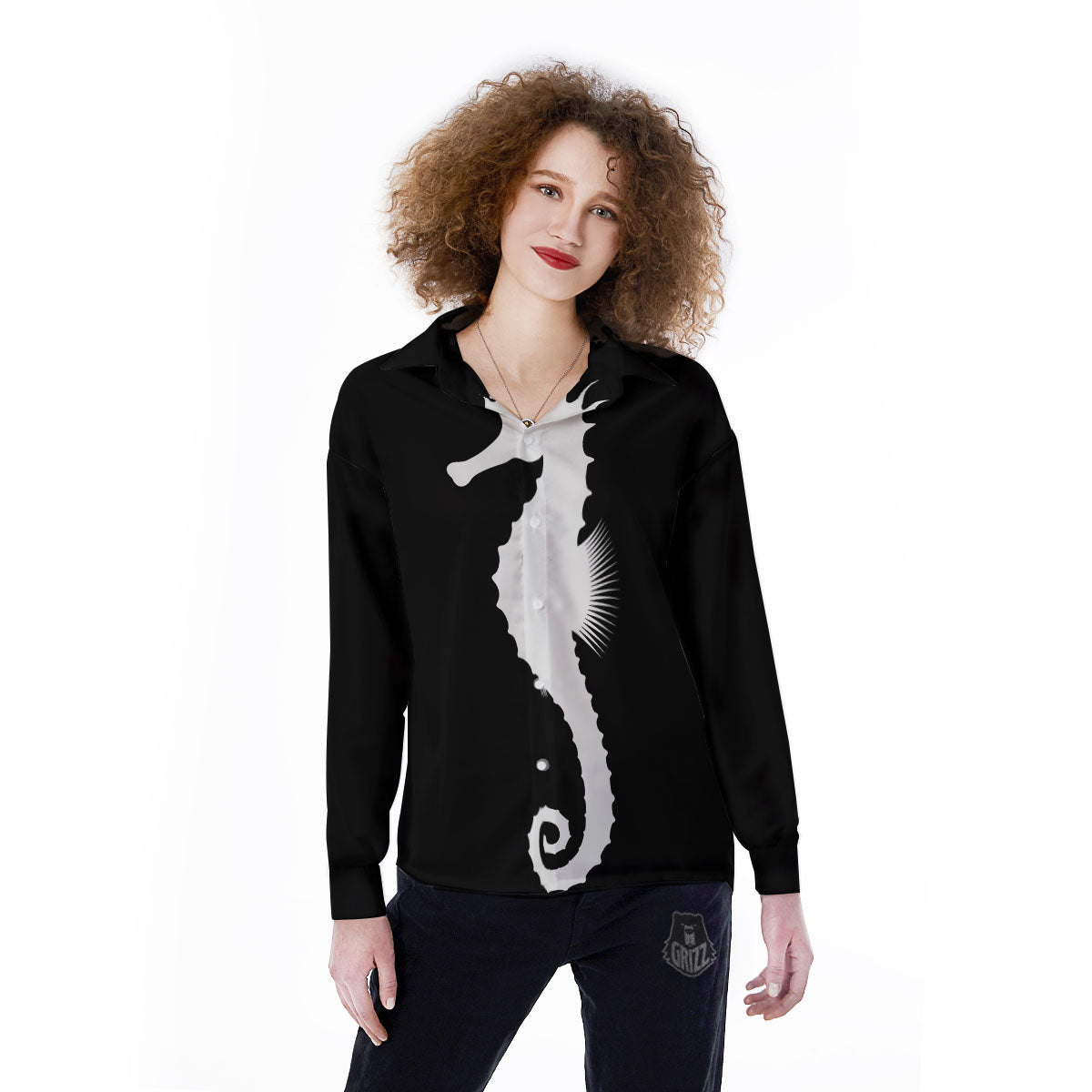 Seahorse White And Black Print Women's Long Sleeve Shirts-grizzshop