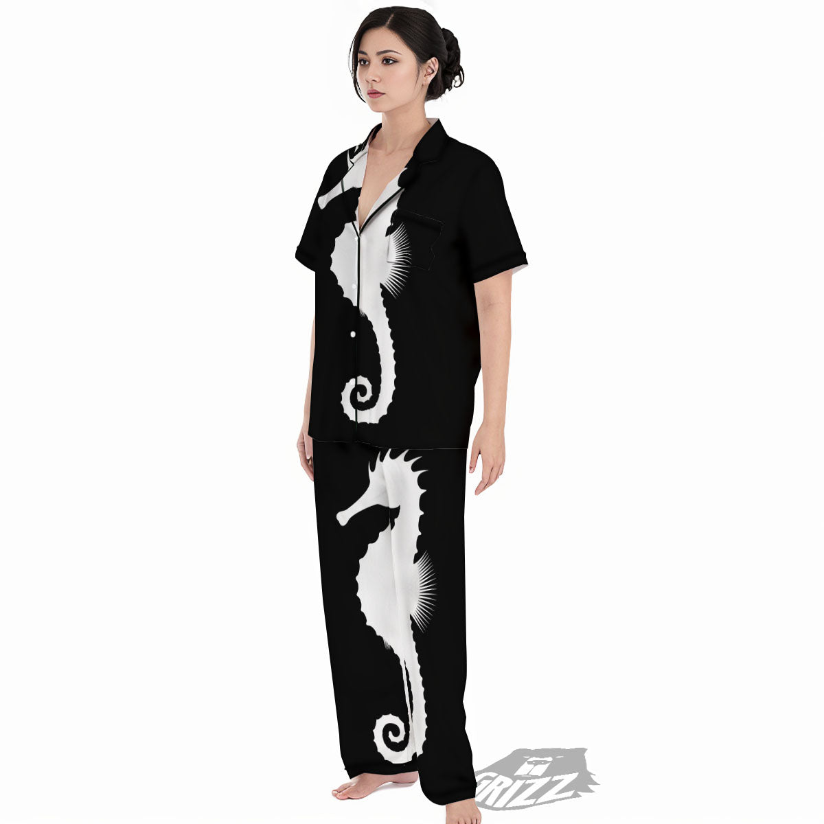 Seahorse White And Black Print Women's Pajamas Set-grizzshop