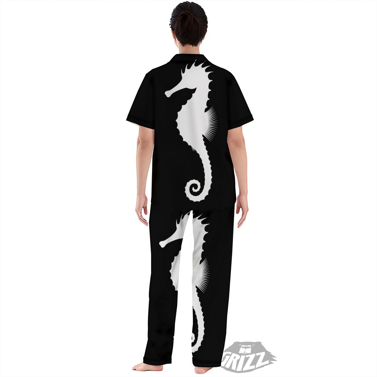 Seahorse White And Black Print Women's Pajamas Set-grizzshop