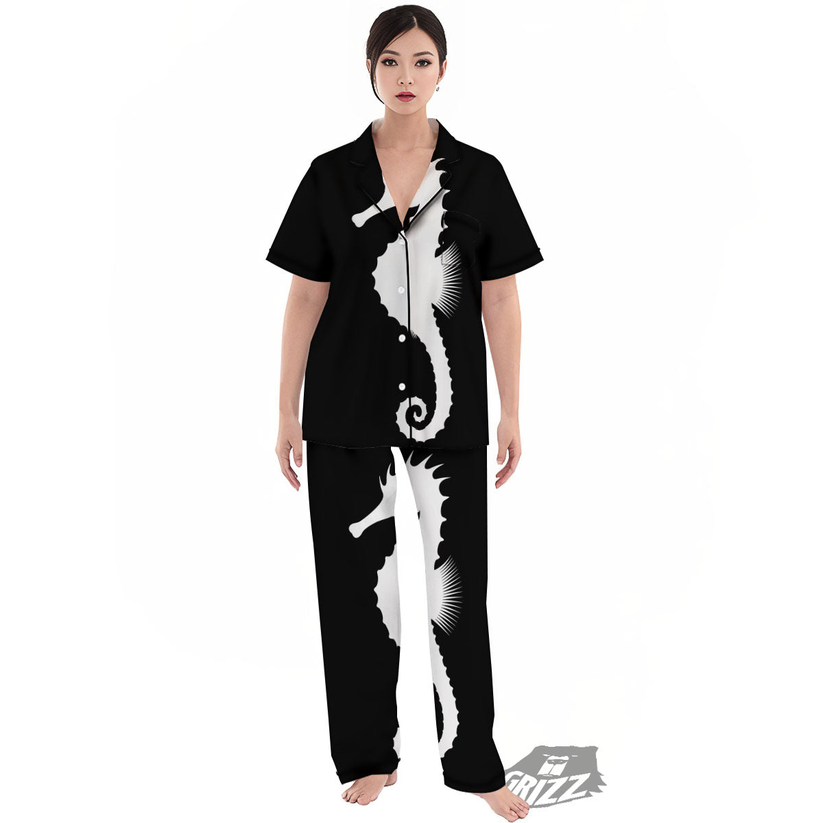 Seahorse White And Black Print Women's Pajamas Set-grizzshop