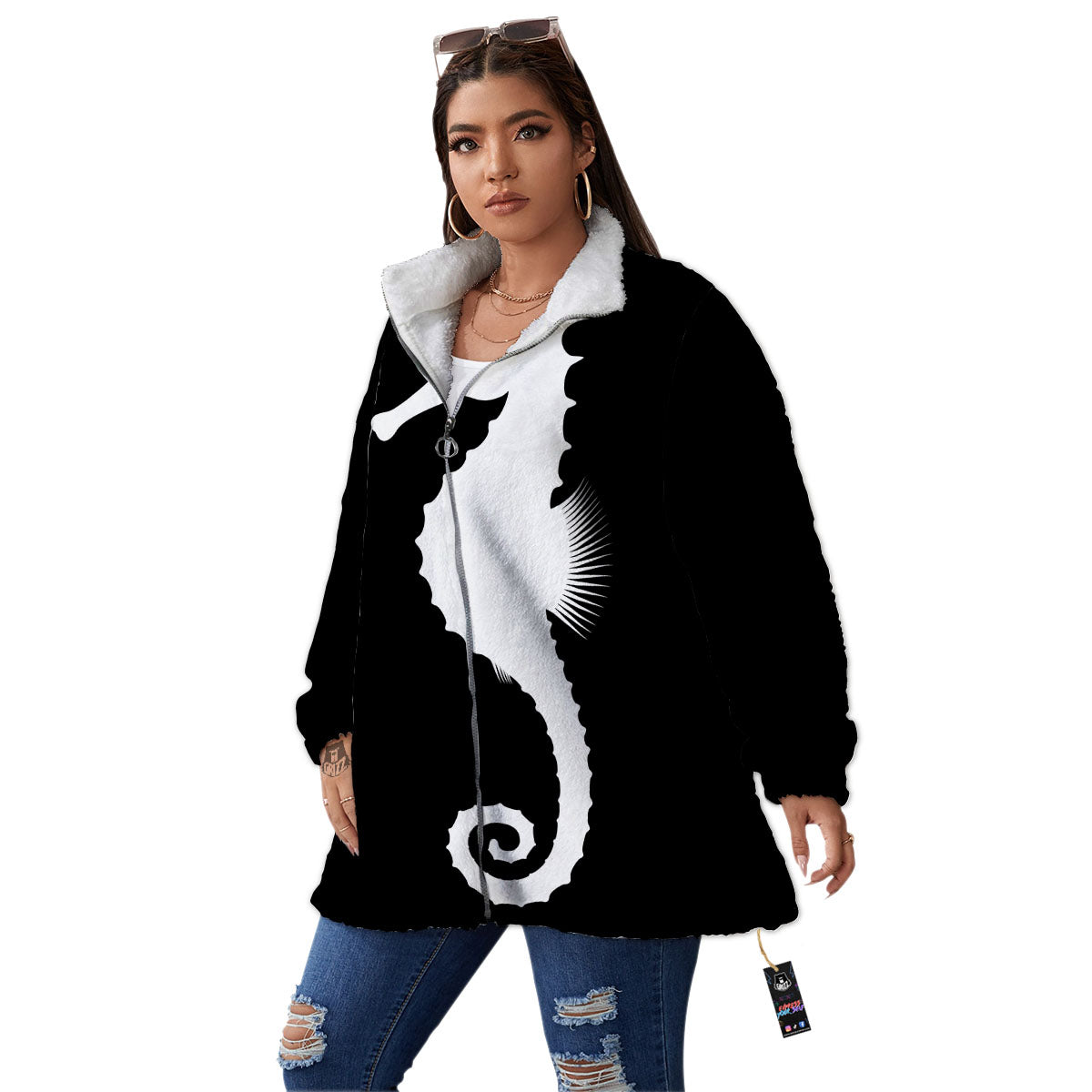 Seahorse White And Black Print Women's Sherpa Jacket-grizzshop