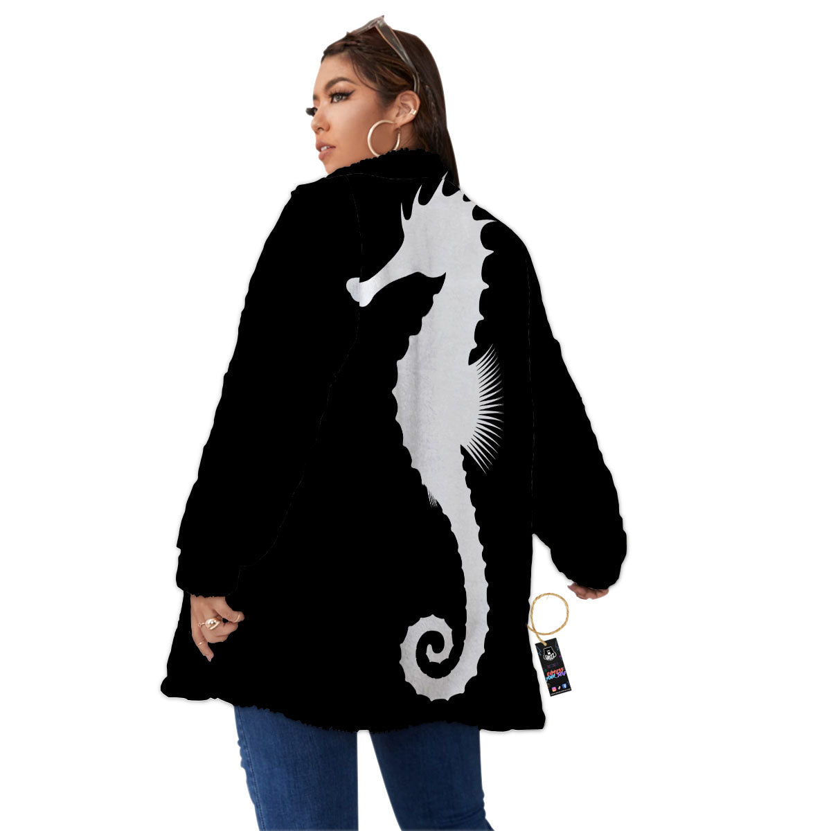 Seahorse White And Black Print Women's Sherpa Jacket-grizzshop