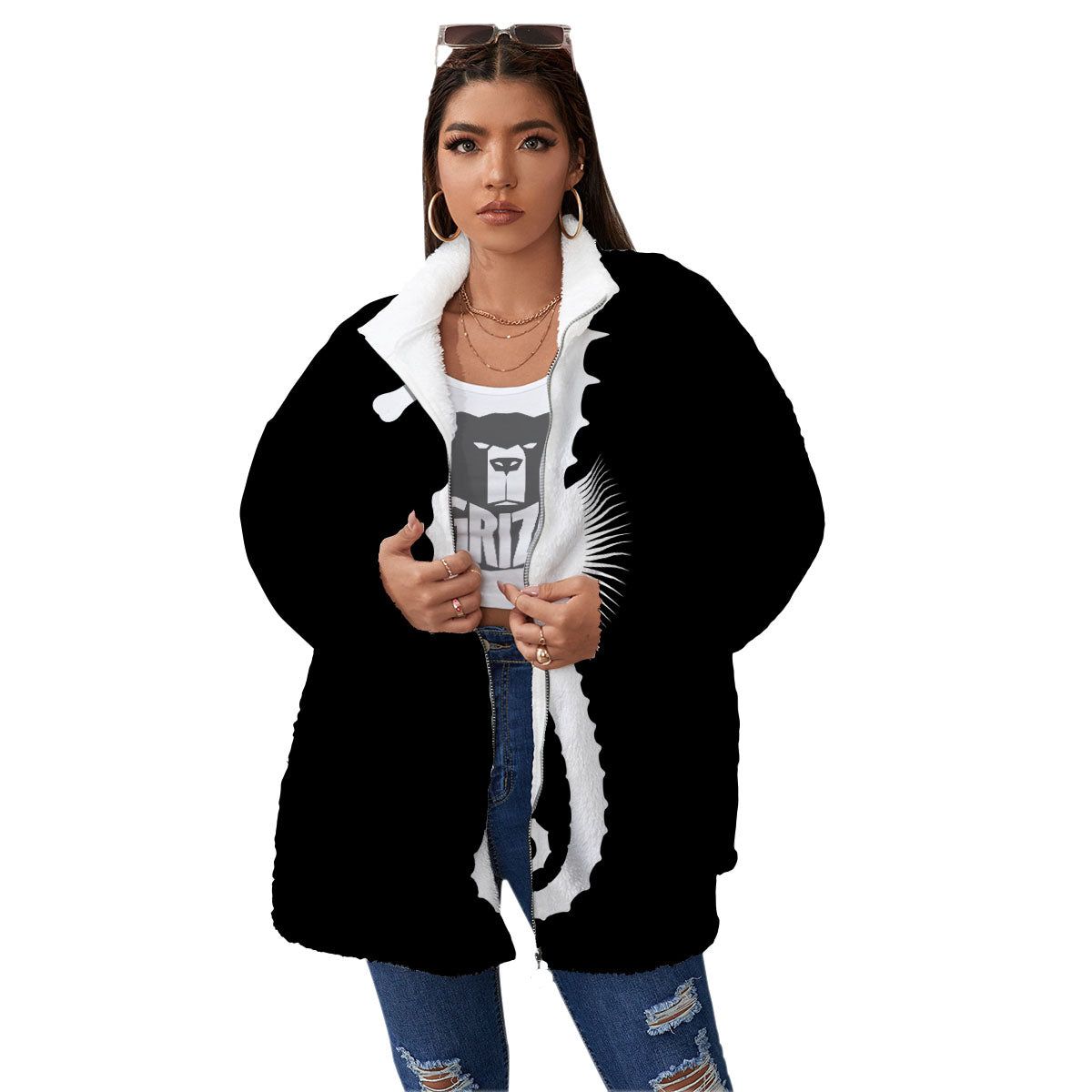 Seahorse White And Black Print Women's Sherpa Jacket-grizzshop