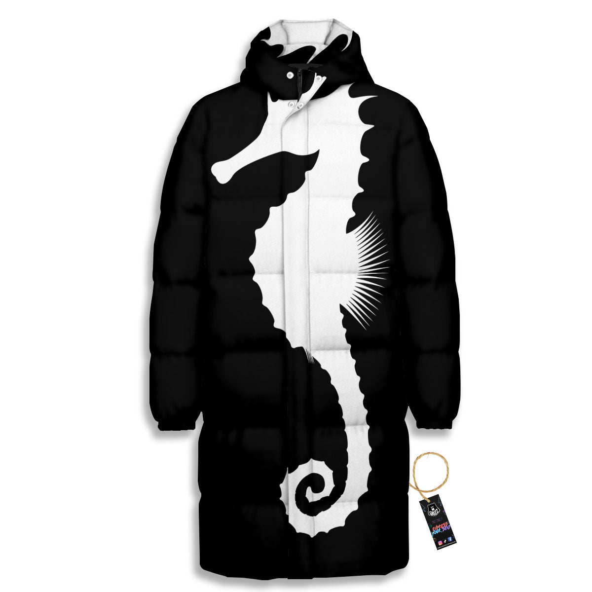 Seahorse White And Black Print Long Down Jacket