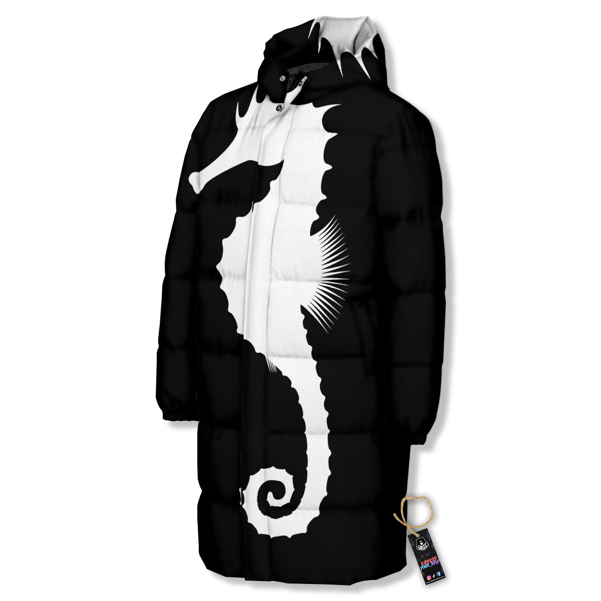 Seahorse White And Black Print Long Down Jacket