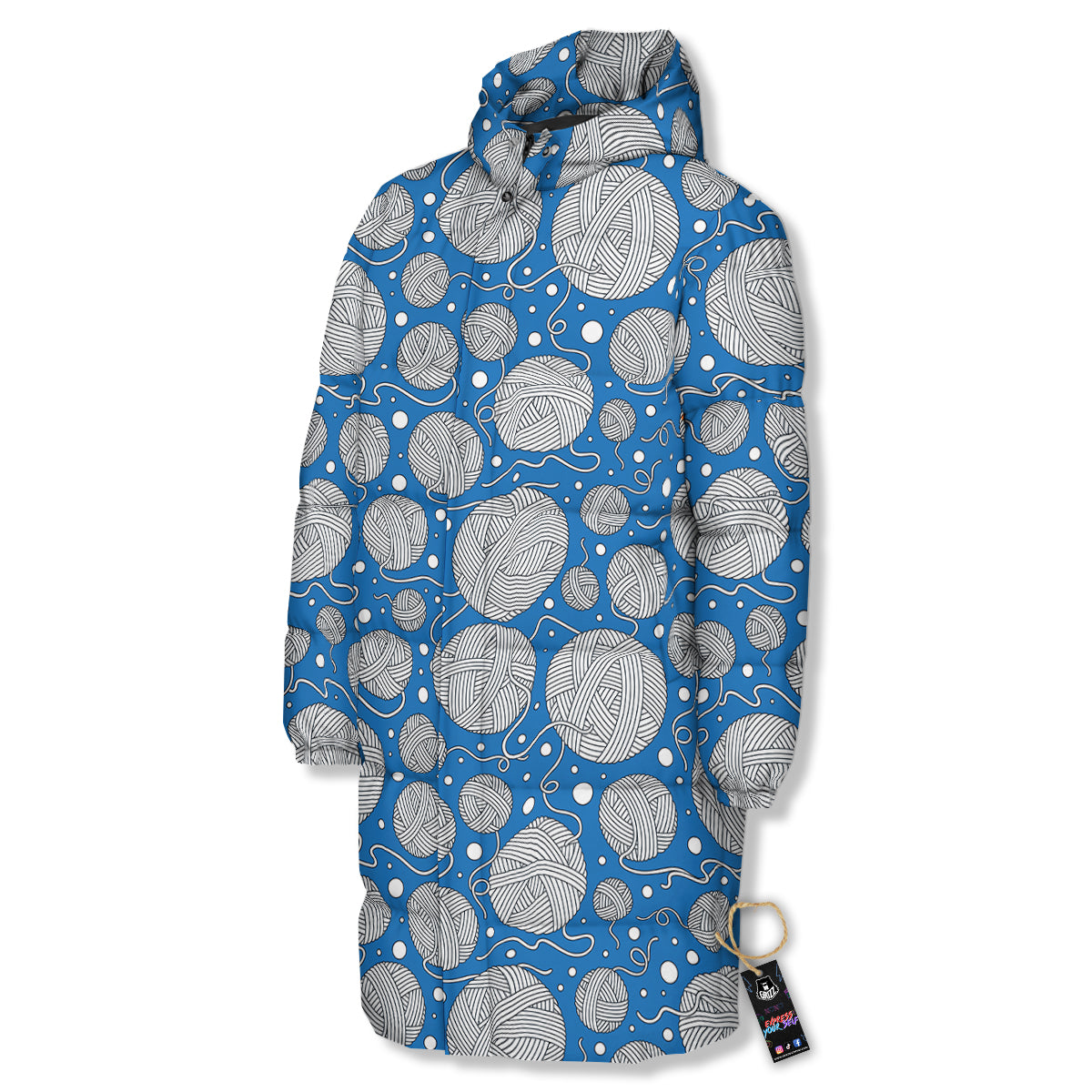 Seamless Yarn Balls Print Pattern Long Down Jacket-grizzshop