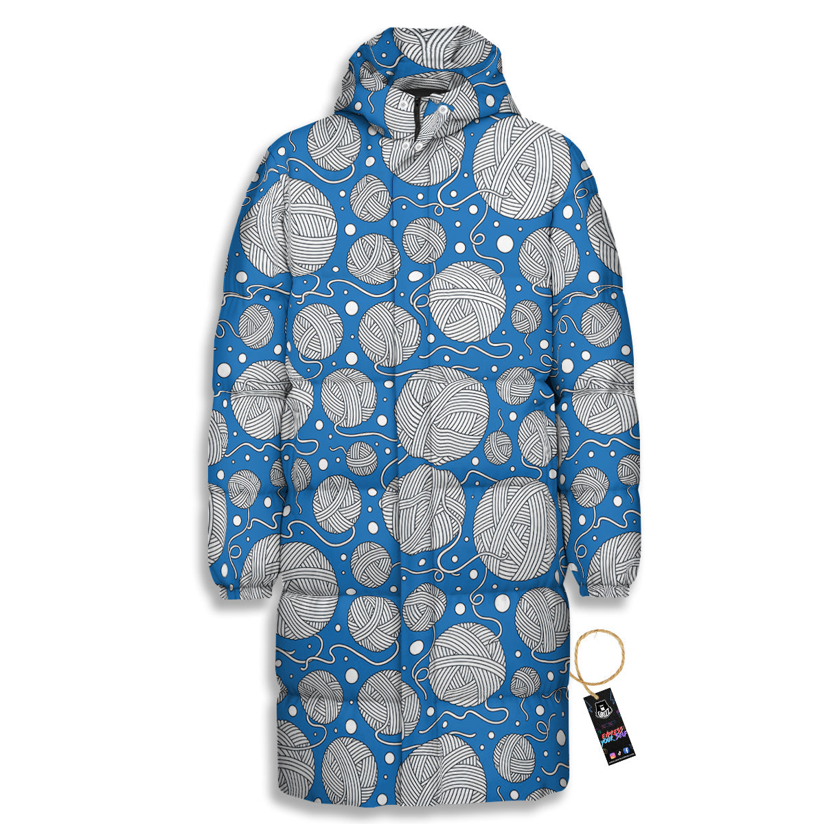 Seamless Yarn Balls Print Pattern Long Down Jacket-grizzshop