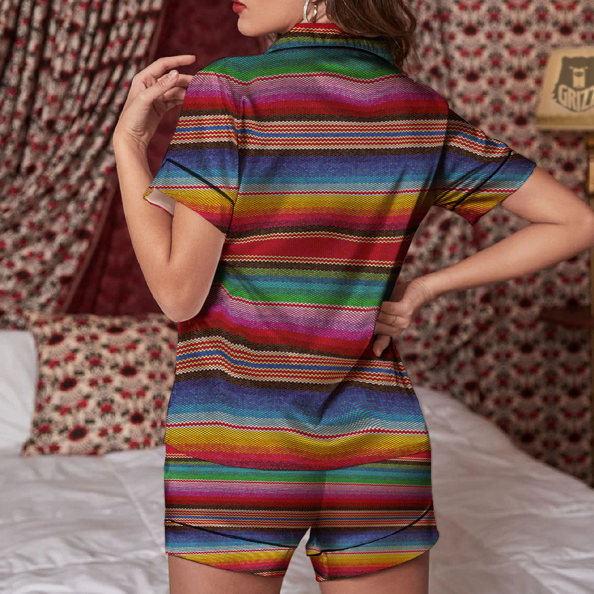 Serape Blanket Ethnic Print Pattern Women Silk Pajamas-grizzshop