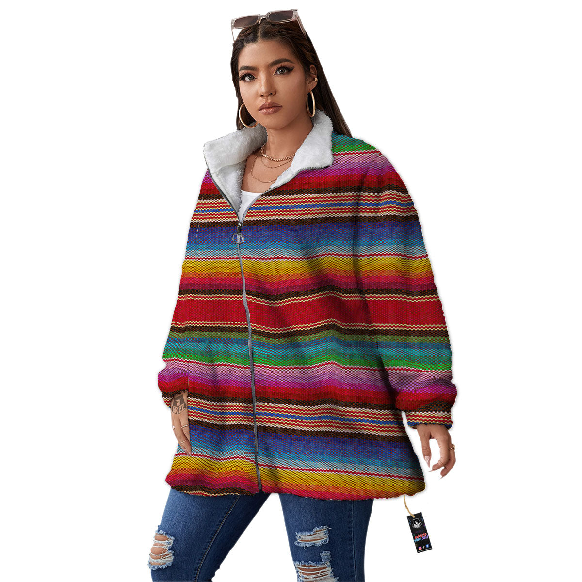 Serape Blanket Ethnic Print Pattern Women's Sherpa Jacket-grizzshop