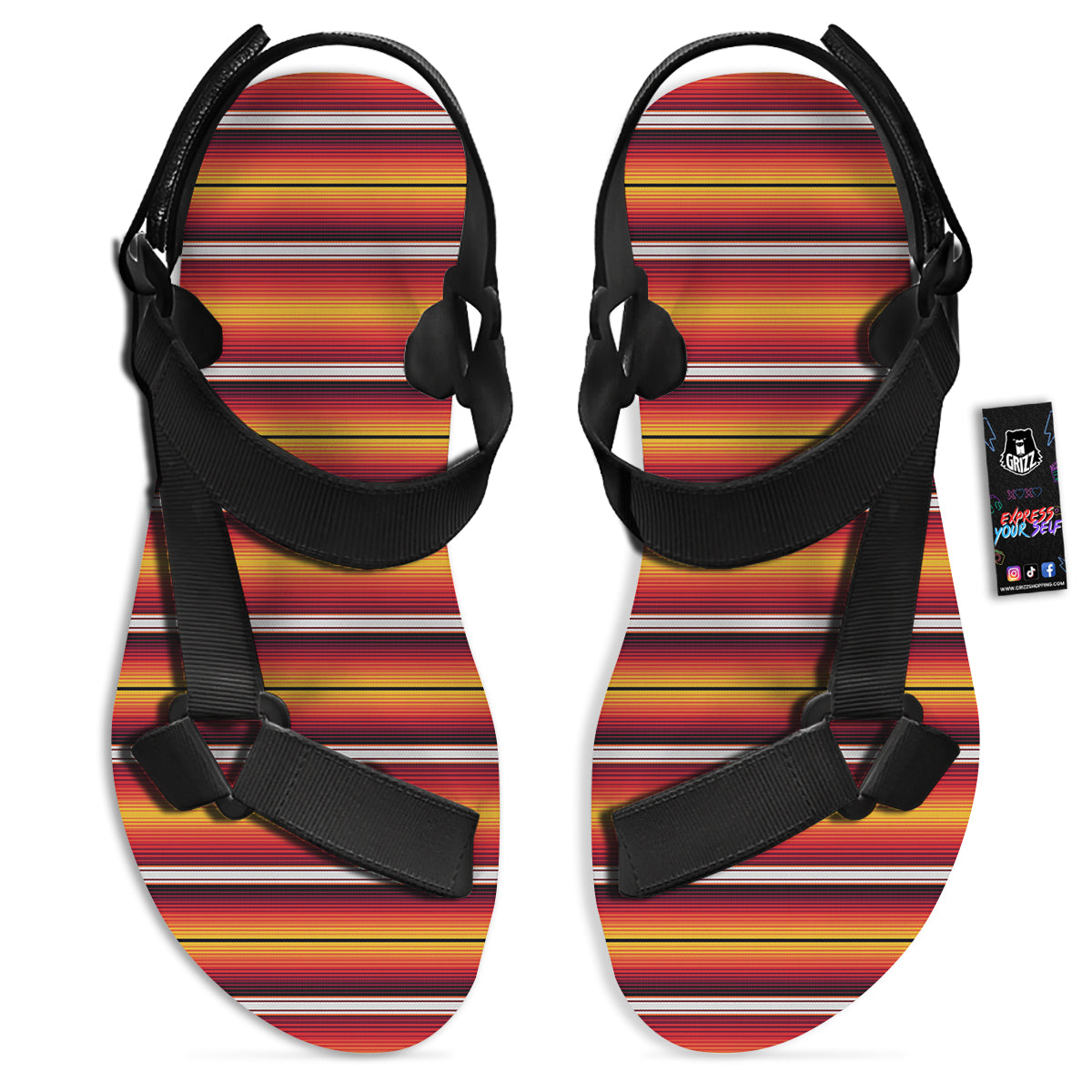 Serape Ethnic Boho Stripes Mexican Black Orange Print Black Open Toe Sandals-grizzshop